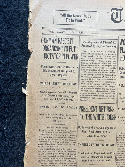 1926 German Fascist Party Tries for Dictatorship, Prelude to WW2, WW2 Memorabilia, Original Vintage Newspaper, Military German History,