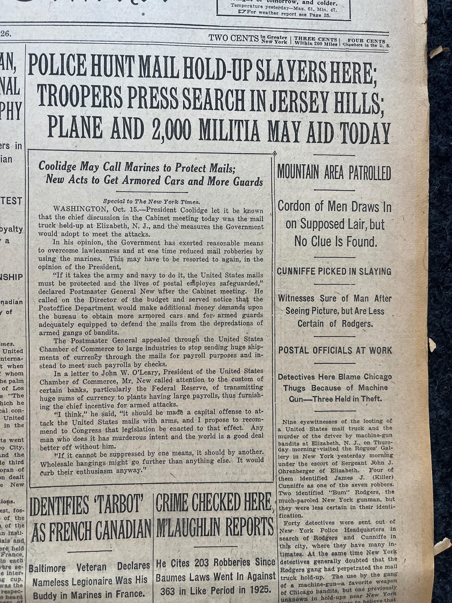 1926 Gangster James Killer Cunniffe Mail Heist, , Original Vintage Newspaper, Great Depression Collectibles, Man Cave Bar Art Gifts for Him
