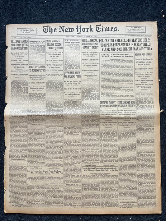 1926 Gangster James Killer Cunniffe Mail Heist, , Original Vintage Newspaper, Great Depression Collectibles, Man Cave Bar Art Gifts for Him