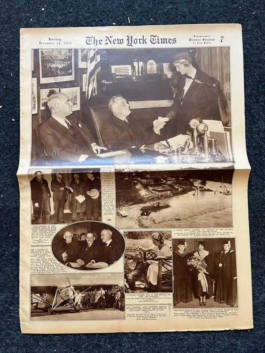 1932 FDR Philanthropy and Amelia Earhart Degree, Vintage Newspaper History and Artwork, Original History Memorabilia, History Gifts,