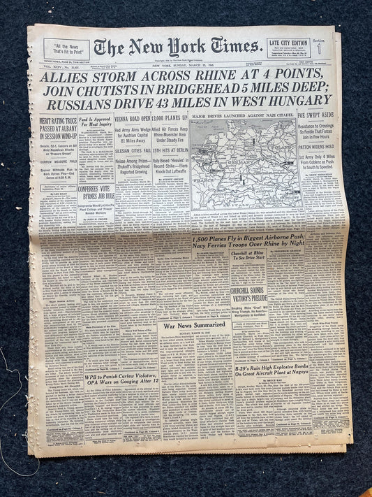 1945 9th Army Reaches Rhine – US Military Gifts History WWII Memorabilia – World War 2 Propaganda – Vintage Newspaper Collectible