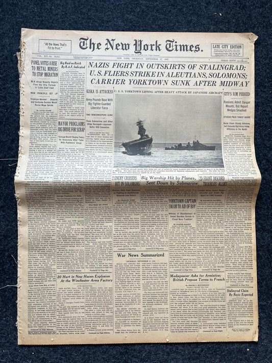 1942 Battle of Midway Yorktown Sunk WW2 Newspaper, Vintage Military Antiques, History Gifts For Dads, Ship Decor US Navy Souvenir, Japan Art