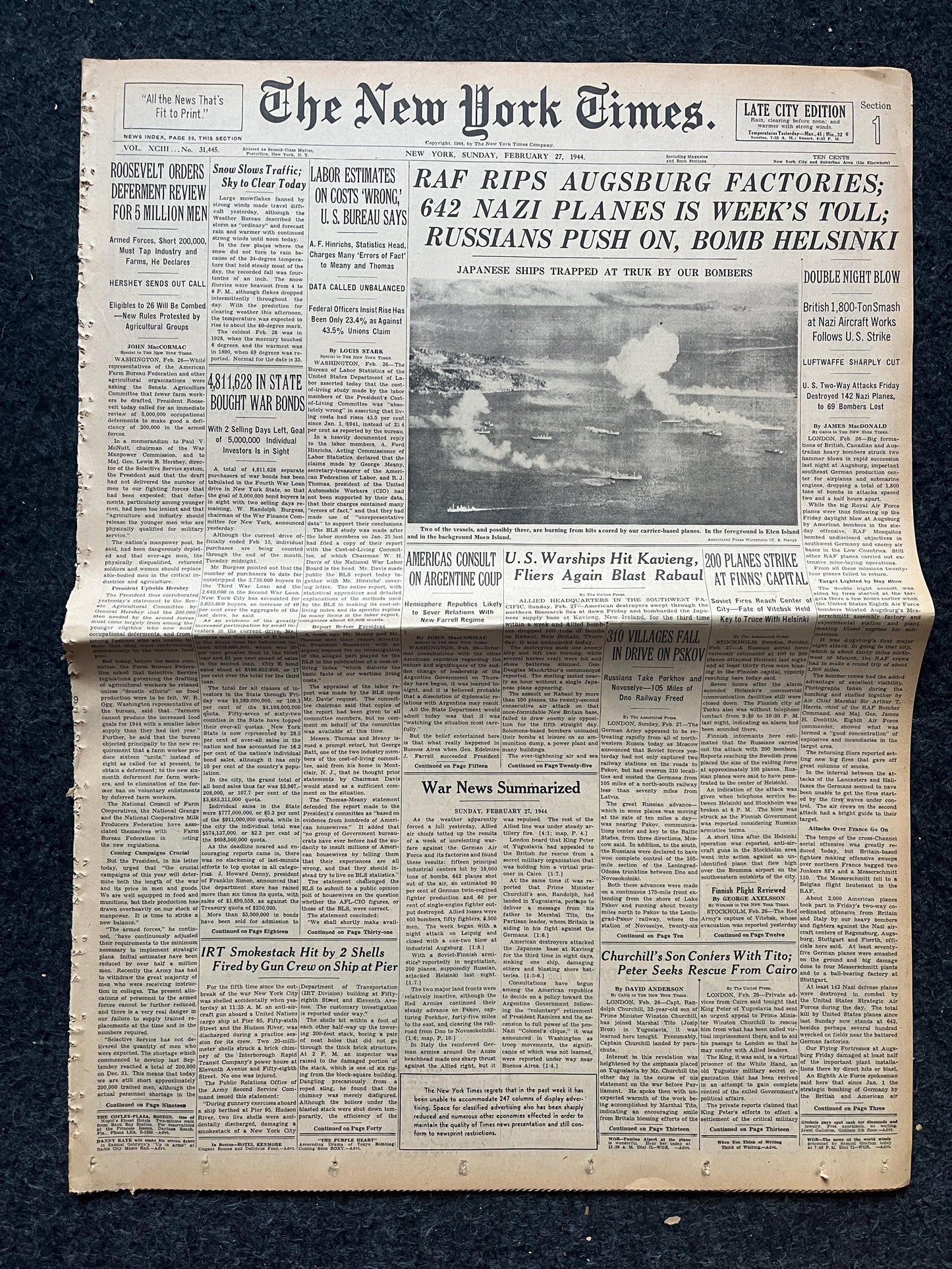 1944 RAF Rips Germany, Russia Take Helsinki, Gifts for Him, Military Decor, Late WW2 Theatre Newspaper, Military Decor, Antique Collectibles