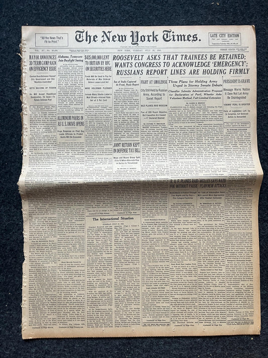 1941 Early WW2 Newspaper, USSR halts Advances into Russia, World War 2 Memorabilia Gifts, History Gifts, Historic Dates, Vintage Newspaper,