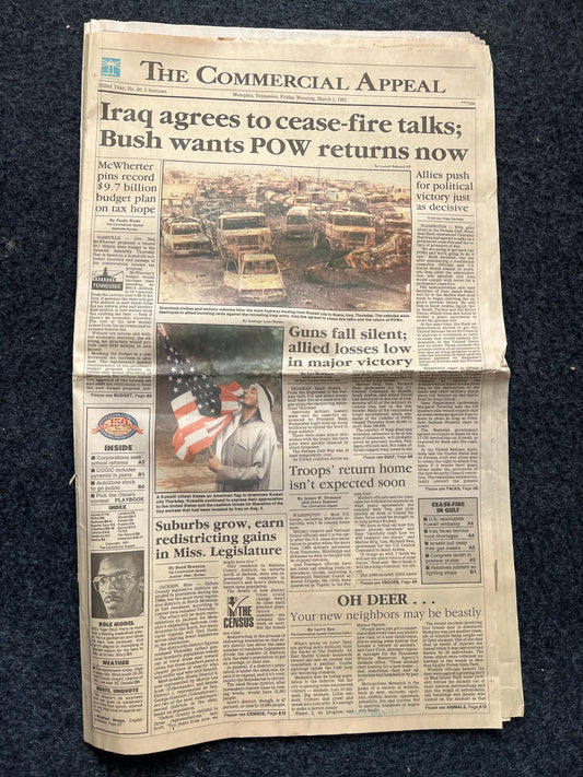1991 Operation Desert Storm War Ends- Original Vintage Newspaper - George Bush Sr Declares War on Iraq Kuwait Middle East History