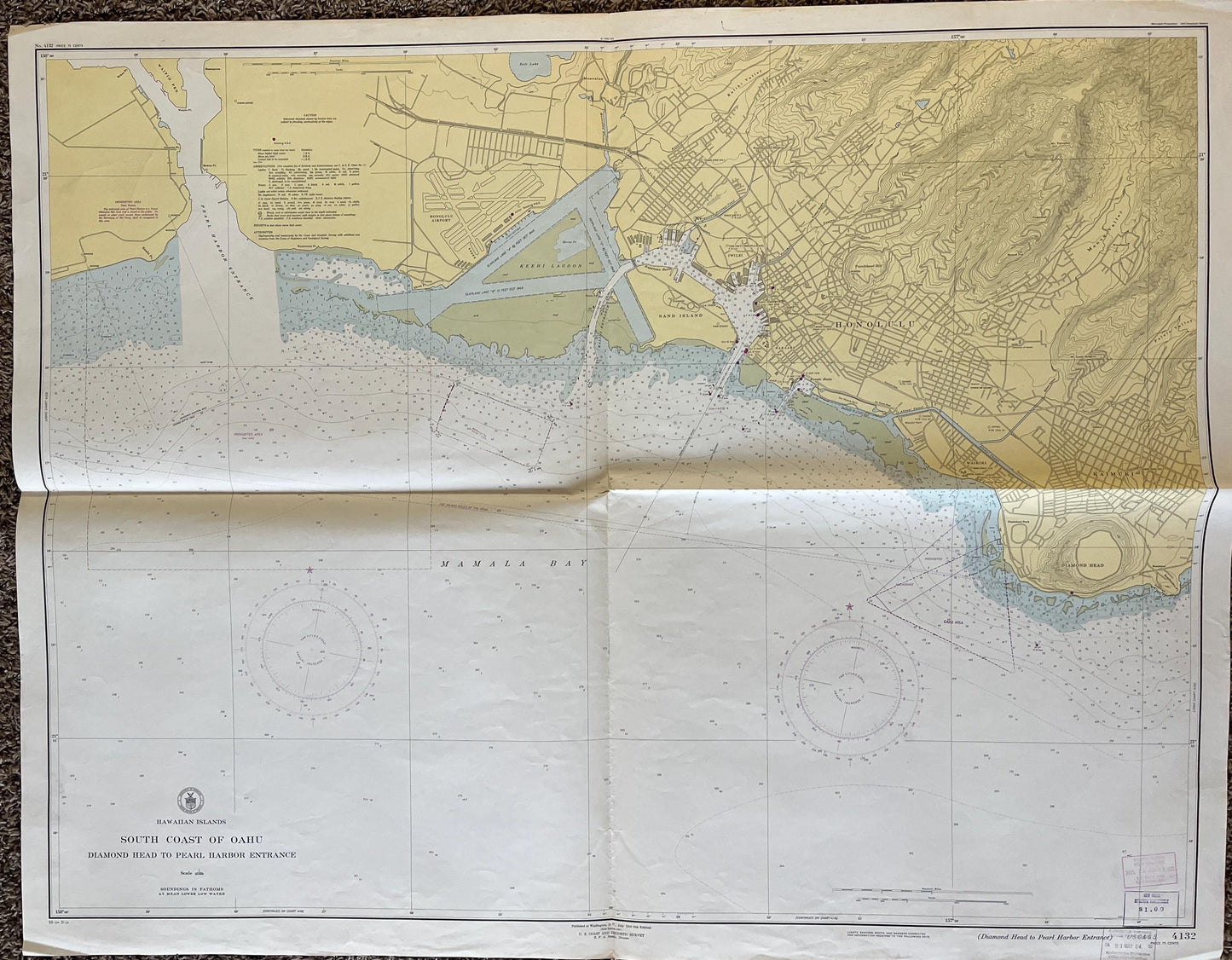 Large 1950s Map of Hawaii and Oahu 32 x 46, Pearl Harbor Maps, Vintage Travel Art, Hawaiian Artwork, Hawaiian Souvenirs Gifts, Island Art