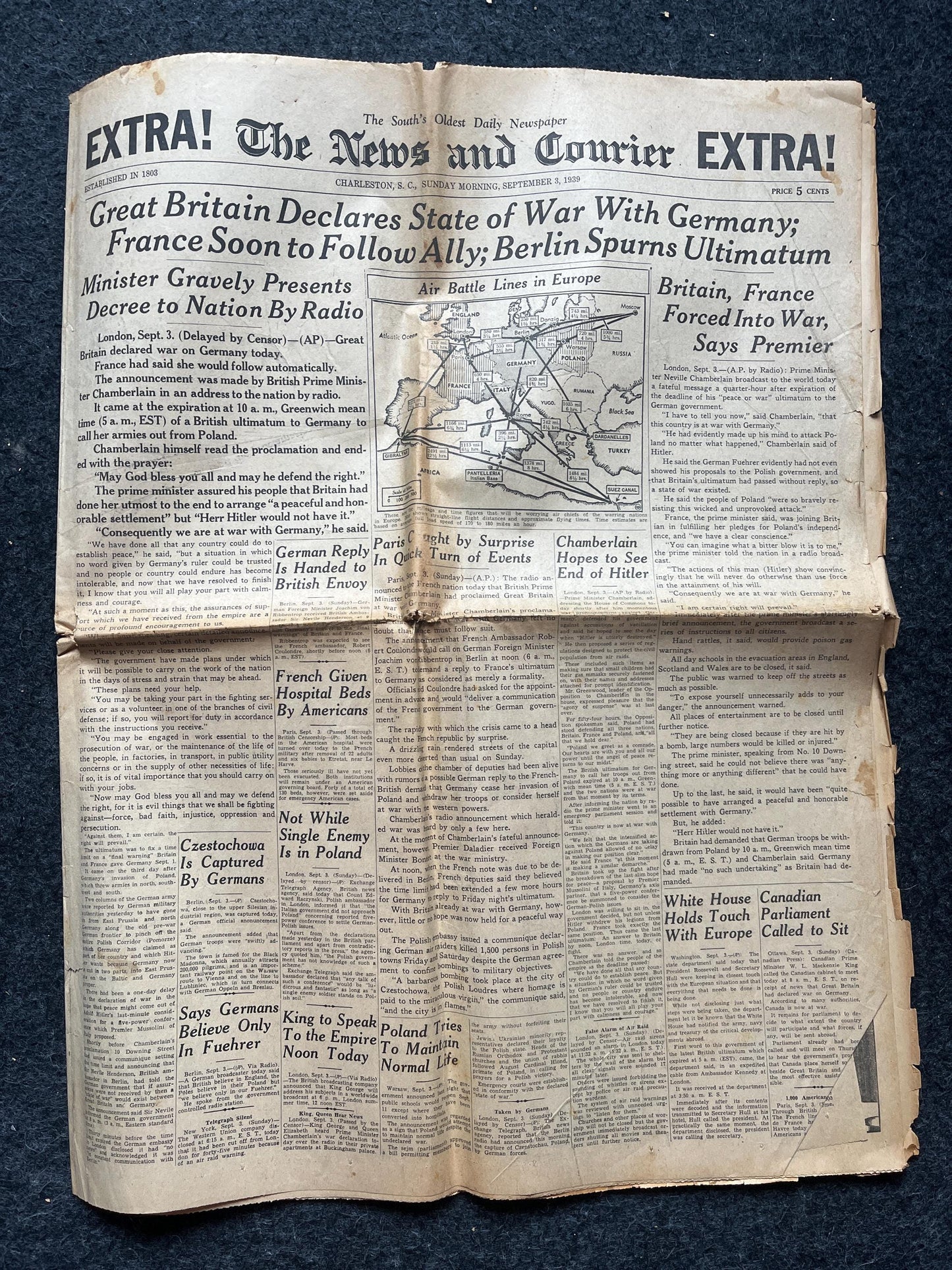 WW2 Declaration of War by Britain and France Sinking of British Cruise liner Athenia by German Uboats - Vintage Newspaper World War 2