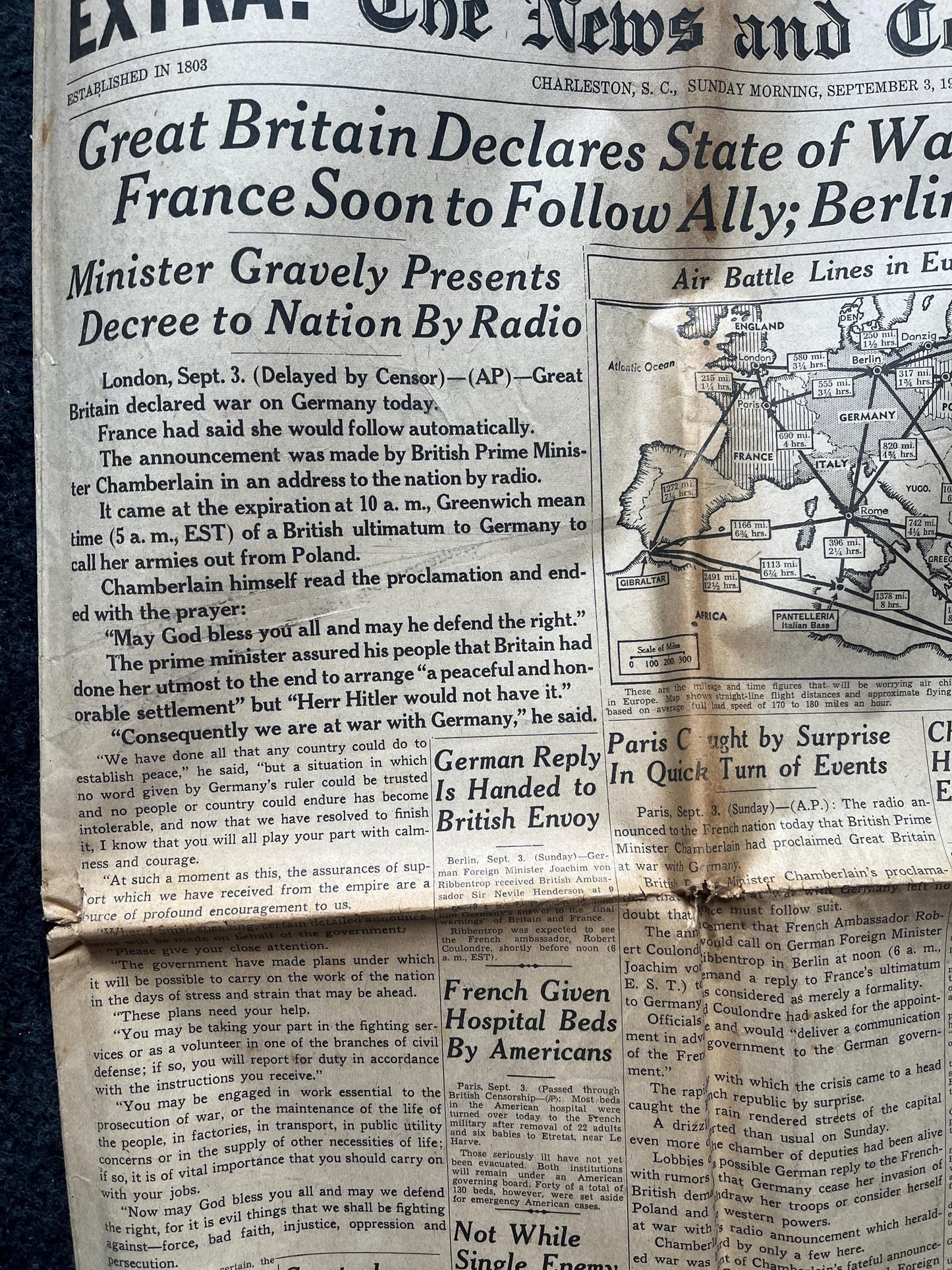 WW2 Declaration of War by Britain and France Sinking of British Cruise liner Athenia by German Uboats - Vintage Newspaper World War 2