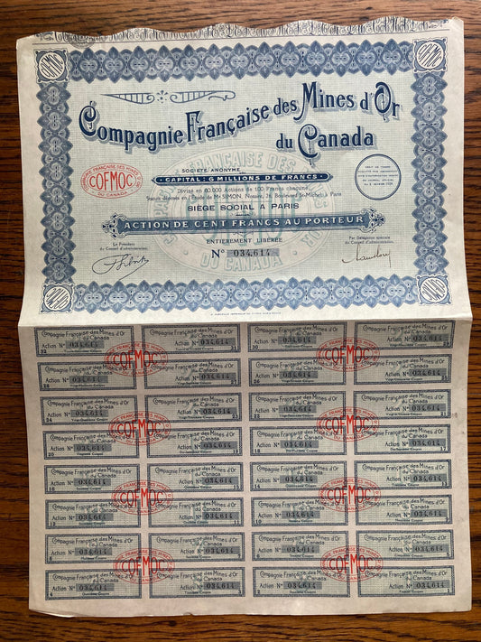 1920s Stock Market Art, Compagnie Francaise des Mines d’Or - 1929 Stock Certificate, Vintage Money Poster, Finance Art, Money Certificate