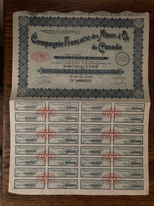 1920s Stock Market Art, Compagnie Francaise des Mines d’Or - 1929 Stock Certificate, Vintage Money Poster, Finance Art, Money Certificate