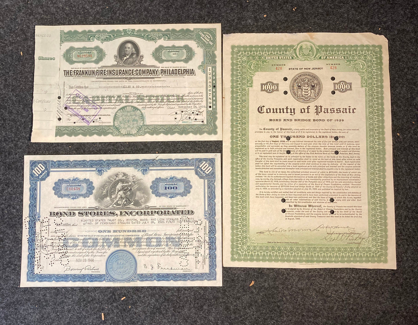 1930s State and Insurance Company Certificates - Money Art - Stock Art -Great Depression Art