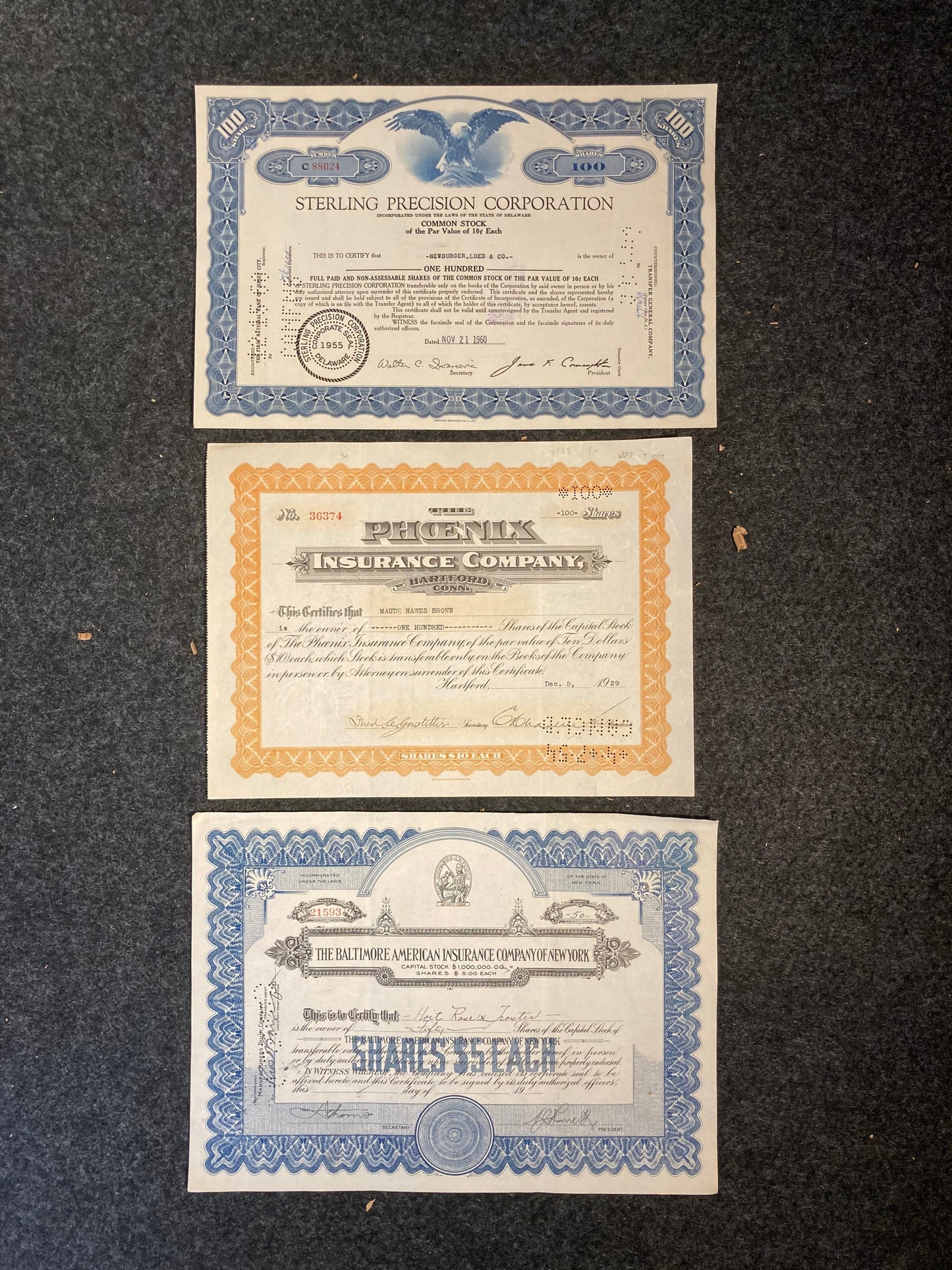 1930s Insurance Company Certificates - Money Art - Stock Art -Great Depression Art