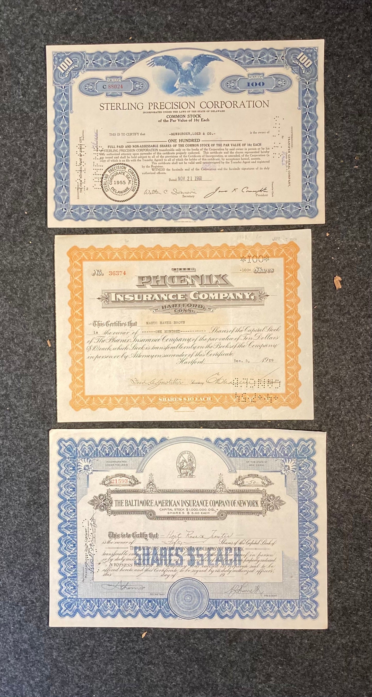 1930s Insurance Company Certificates - Money Art - Stock Art -Great Depression Art
