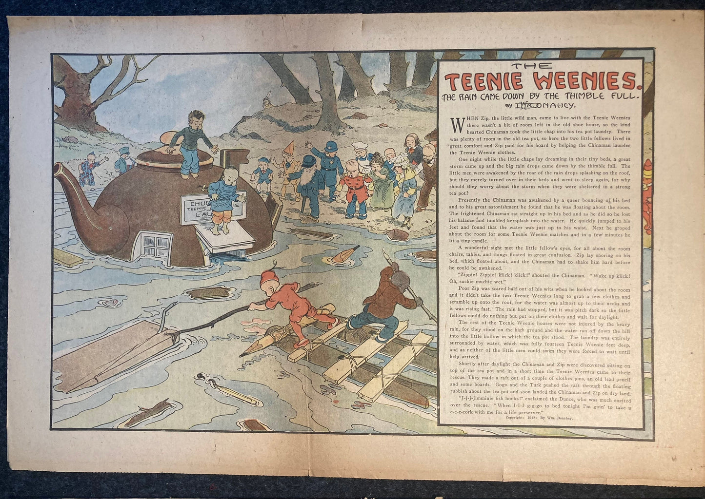 1917 Childrens Comic Panel - The Teenie Weenies - Extremely Rare WWI Cartoon of Mini Humans and Adventures - 18 x 12 - Vintage Comics