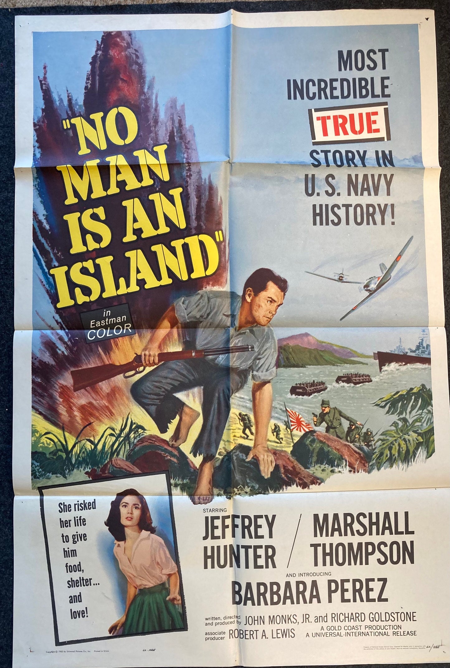 1962 WWII Navy Drama – No Man Is An Island – Jeffrey Hunter in Pacific Theatre Original Vintage Movie Poster