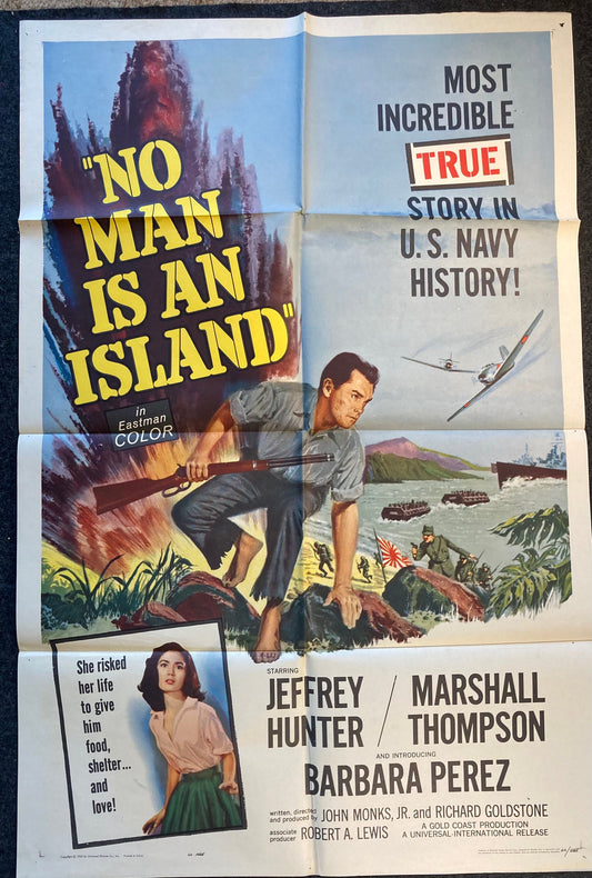 1962 WWII Navy Drama – No Man Is An Island – Jeffrey Hunter in Pacific Theatre Original Vintage Movie Poster