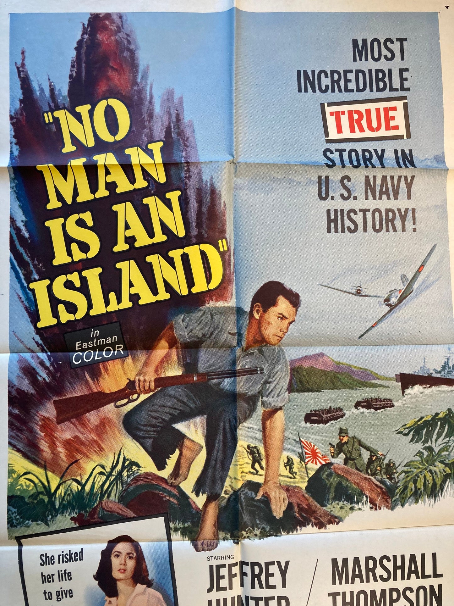 1962 WWII Navy Drama – No Man Is An Island – Jeffrey Hunter in Pacific Theatre Original Vintage Movie Poster