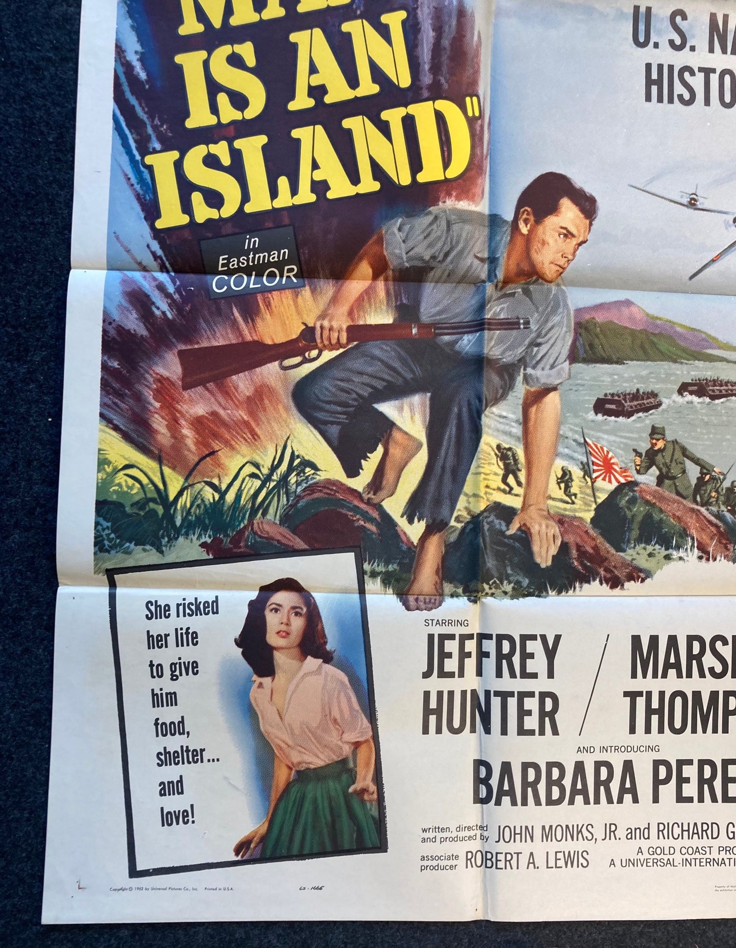 1962 WWII Navy Drama – No Man Is An Island – Jeffrey Hunter in Pacific Theatre Original Vintage Movie Poster