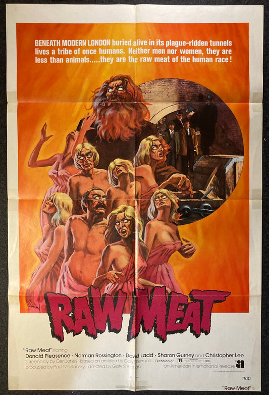 1973 Cannibal Horror - Raw Meat - Original Rare 1973 Folded Theatre Movie Poster Gary Sherman Horror