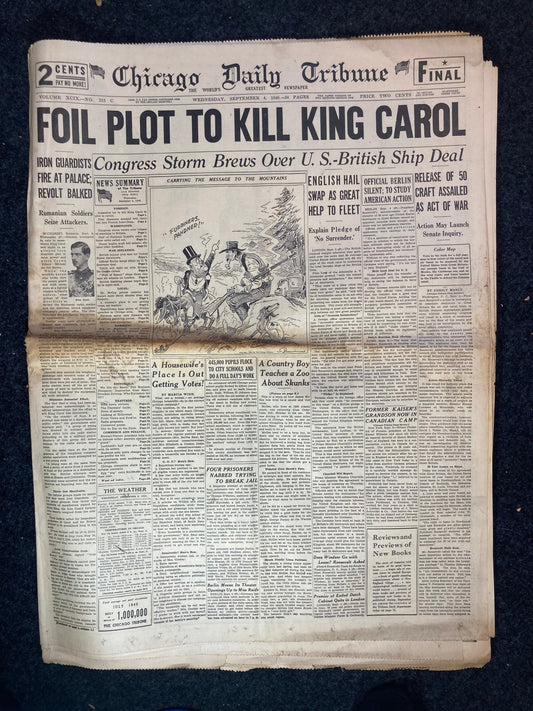 1940 King Carol II Assassination Attempt – WW2 Romanian History – Original Vintage Newspaper World War 2 Memorabilia