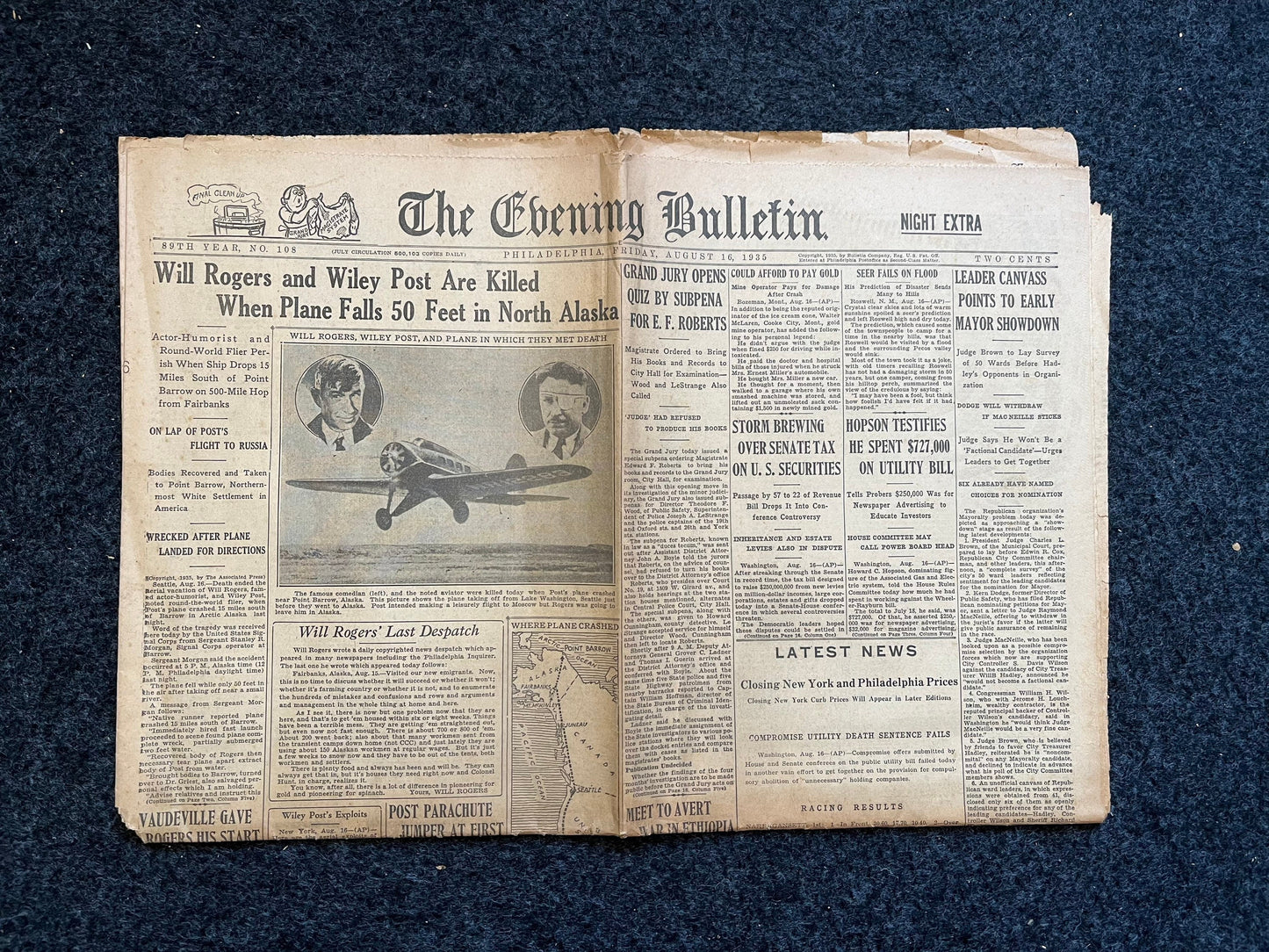 1935 Vaudeville Star Will Rogers Airplane Crash Death - 1935 Movie History Silent Film Stars - Original Vintage Newspaper
