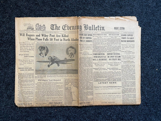 1935 Vaudeville Star Will Rogers Airplane Crash Death - 1935 Movie History Silent Film Stars - Original Vintage Newspaper