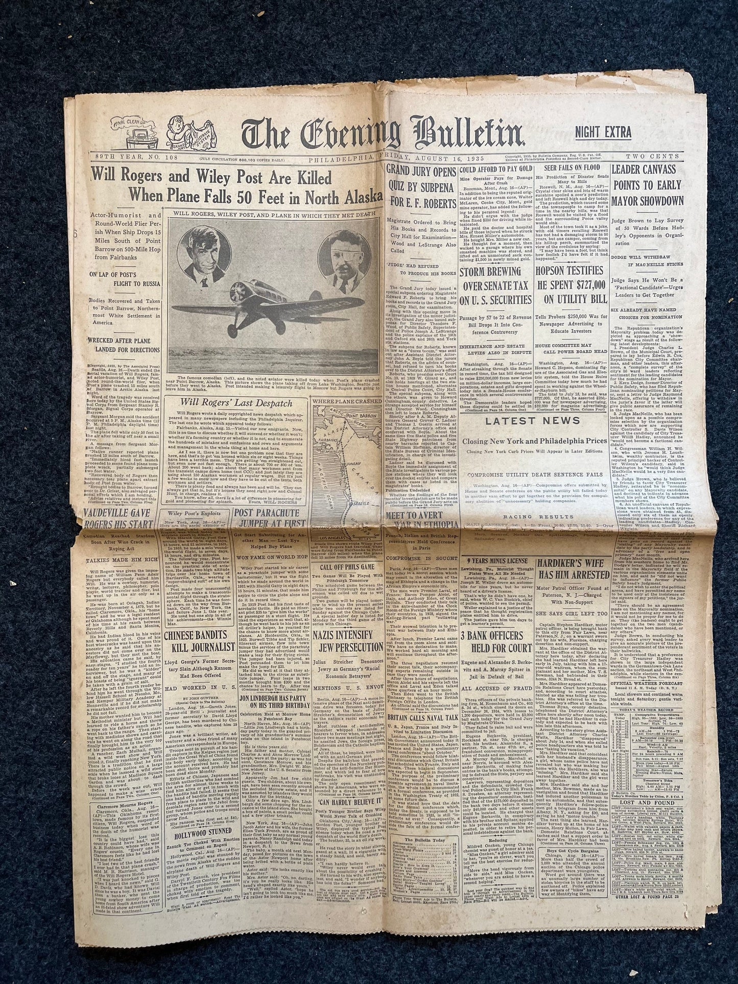 1935 Vaudeville Star Will Rogers Airplane Crash Death - 1935 Movie History Silent Film Stars - Original Vintage Newspaper
