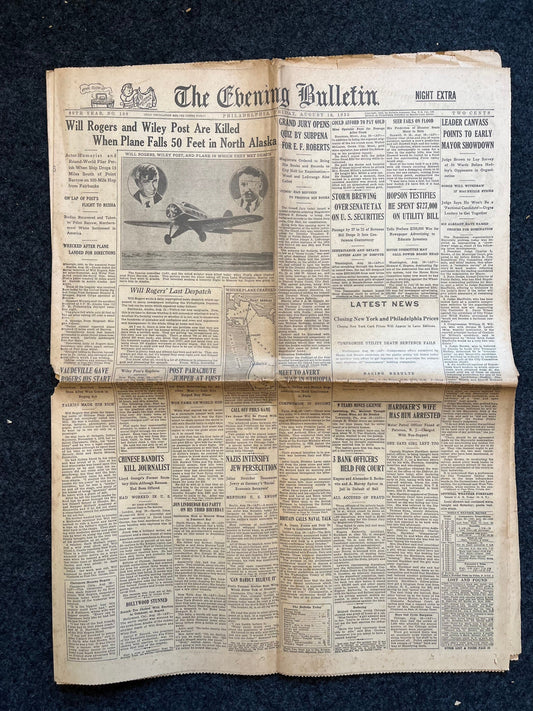 1935 Vaudeville Star Will Rogers Airplane Crash Death - 1935 Movie History Silent Film Stars - Original Vintage Newspaper