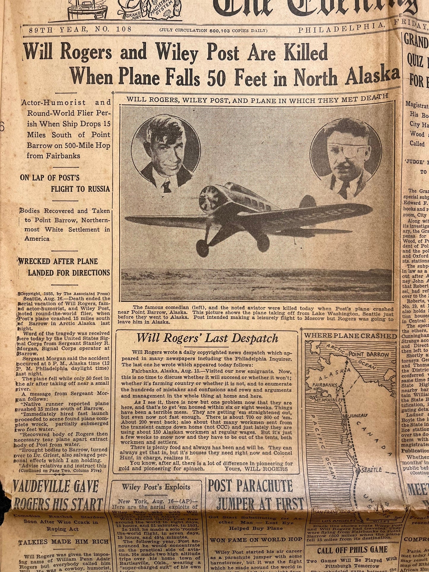 1935 Vaudeville Star Will Rogers Airplane Crash Death - 1935 Movie History Silent Film Stars - Original Vintage Newspaper