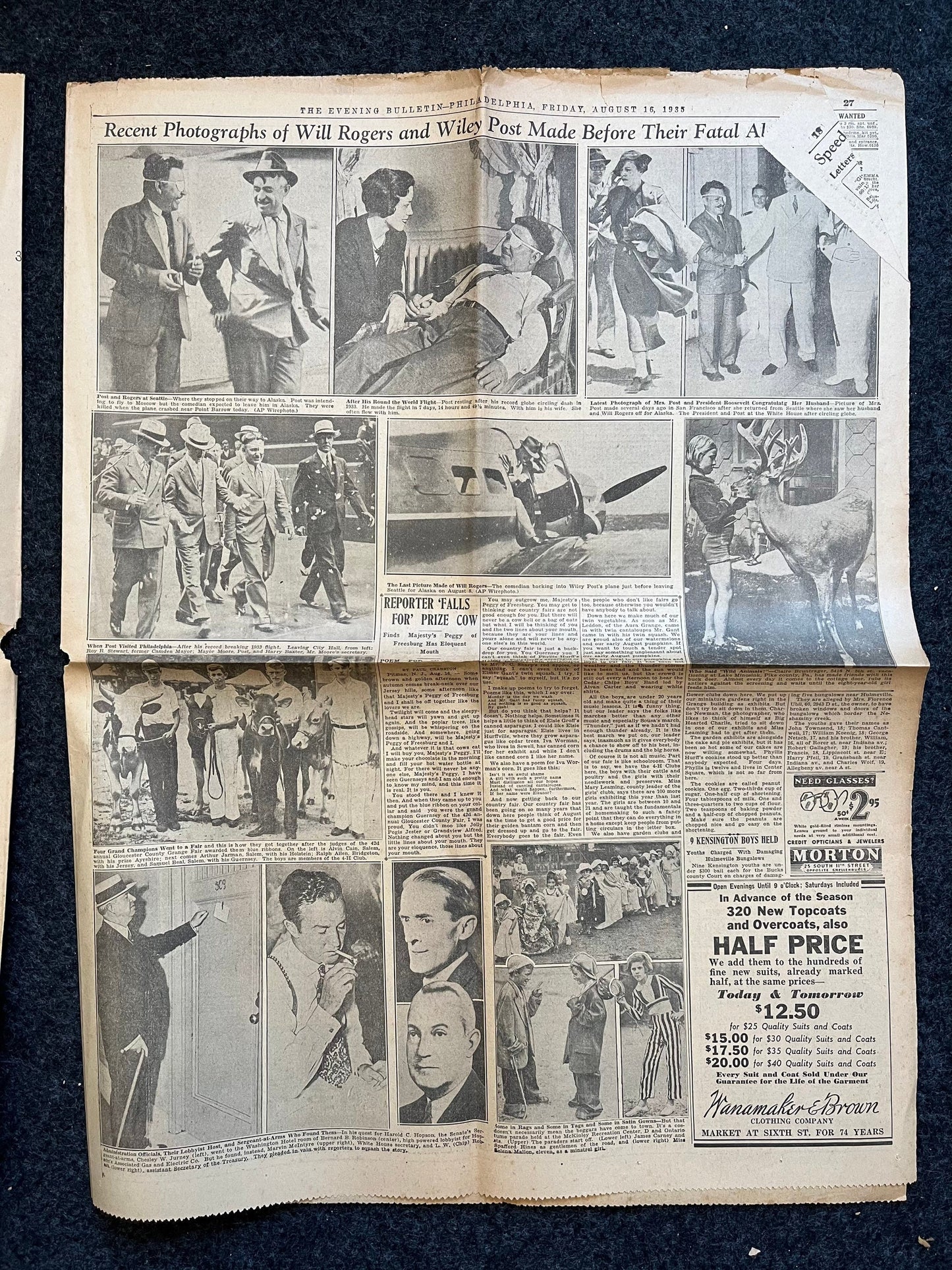 1935 Vaudeville Star Will Rogers Airplane Crash Death - 1935 Movie History Silent Film Stars - Original Vintage Newspaper