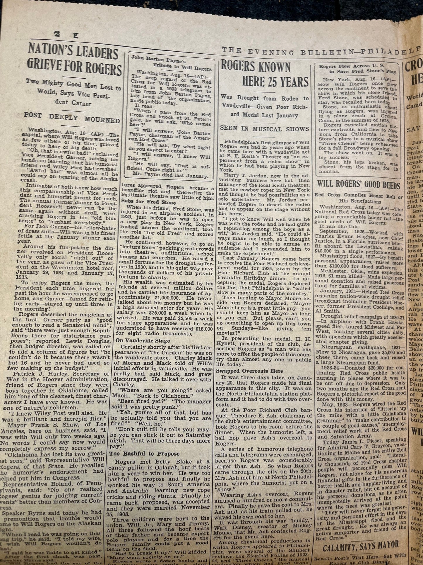 1935 Vaudeville Star Will Rogers Airplane Crash Death - 1935 Movie History Silent Film Stars - Original Vintage Newspaper