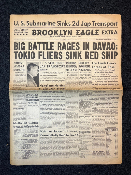 1941 WW2 Battle for The Philippines - Japan Invades Davao - US Submarines Sink Ships - Original Vintage Newspaper - Military Memorabilia