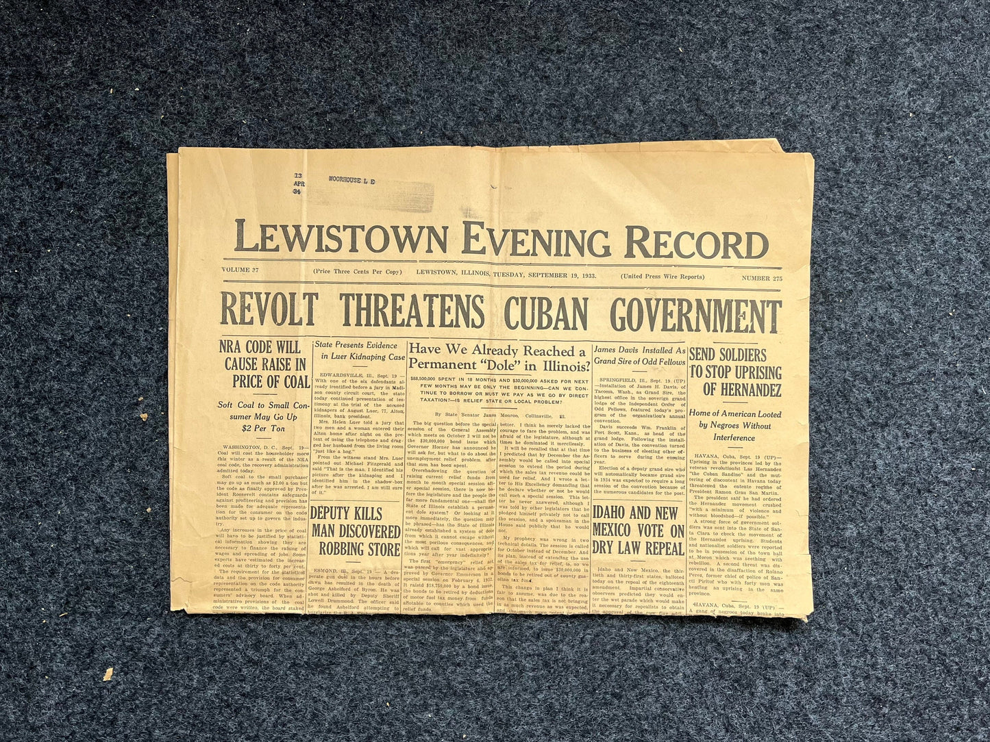 1933 Sergeants Revolt - Batiste Vs Cuban Rebels - Original Vintage Newspaper - Cuban History Great Depression