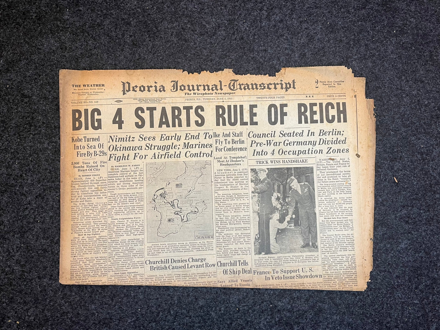 WW2 1945 Surrender of Germany – Churchill FDR Stalin Start Rule of Germany – Nimitz Battle For Okinawa - Original Vintage Newspaper