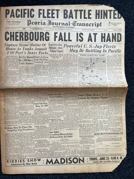 1944 Fall of Cherbourg World War 2 Battle of Philippines Sea - Western Eastern Front WW2 Original Vintage Newspaper - History Gifts For Him