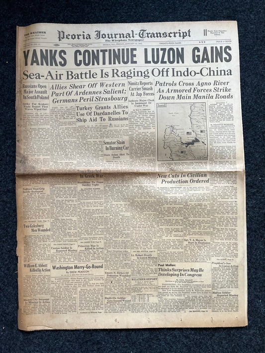1945 Battle Of the Bulge Ardennes Forest - Battle For Philippines Luzon Naval Fight - Original Vintage Newspaper