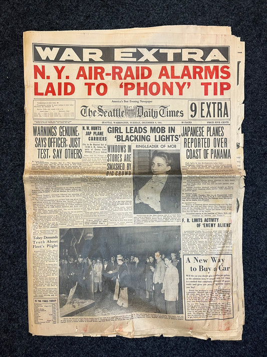 1941 WW2 New York Air Raid Hoax- December 9th - Invasion of Hong Kong Guam Philippines Panama- Start of World War 2 Original Vintage Paper