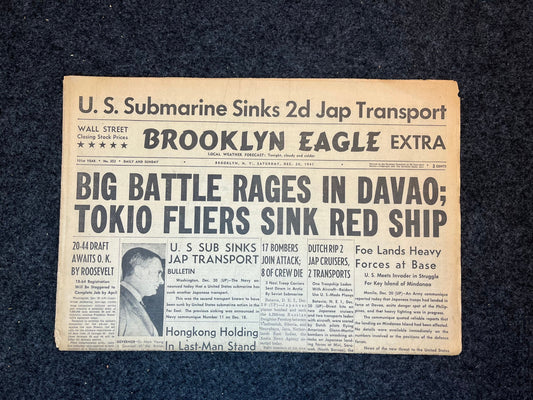 1941 WW2 Battle for The Philippines - Japan Invades Davao - US Submarines Sink Ships - Original Vintage Newspaper - Military Memorabilia