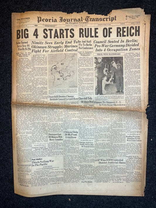 WW2 1945 Surrender of Germany – Churchill FDR Stalin Start Rule of Germany – Nimitz Battle For Okinawa - Original Vintage Newspaper