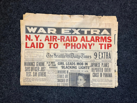 1941 WW2 New York Air Raid Hoax- December 9th - Invasion of Hong Kong Guam Philippines Panama- Start of World War 2 Original Vintage Paper