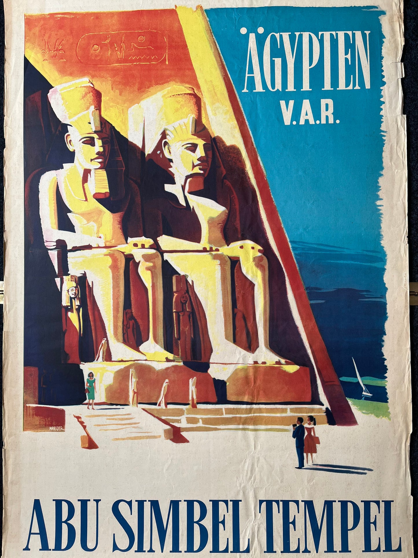 Original Egypt Travel Poster Abu Simbel Temple Aswan Pharaoh Ramesses II Egyptian History Poster - 28 x 30