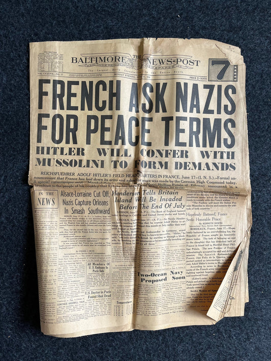 1940 WW2 French Surrender to Germany - Paris Falls World War 2 Memorabilia and French History - Europes Darkest Hour - Vintage Newspaper