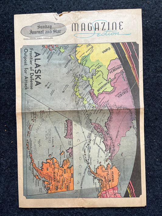 1942 WW2 Alaska Defense Newspaper Section - Original Vintage WW2 Memorabilia and Artwork - Alaskan Maps WW2 Propaganda Pacific Maps