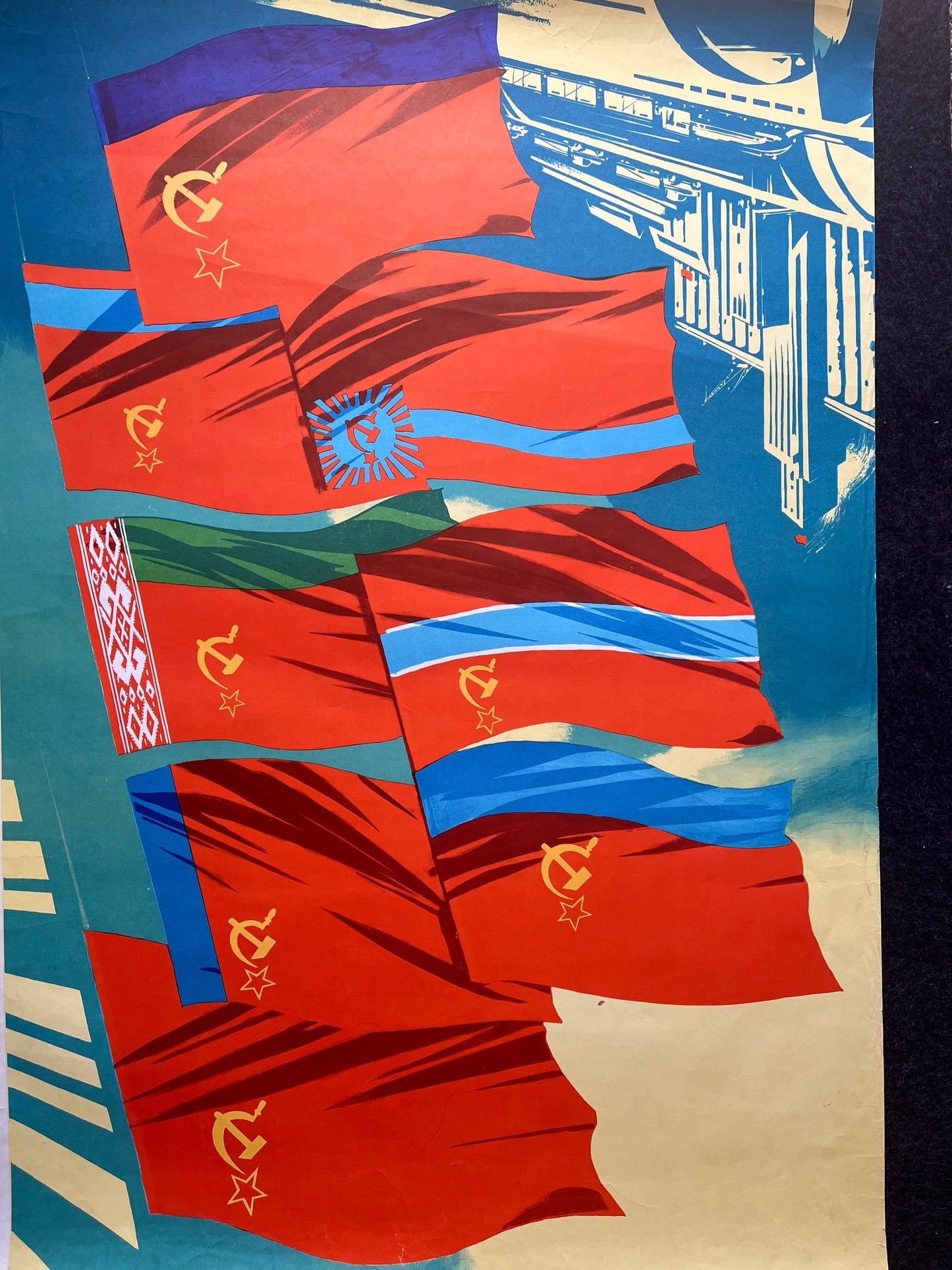 1980s Soviet Union Communist Flag Propaganda - Original Vintage USSR Propaganda - Kremlin and Eastern Europe Flags