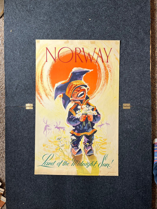 Original Norway Land of the Midnight Sun Travel Poster - Vintage Railroad Poster Travel Art Wall Decor