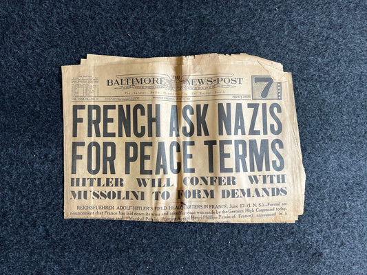 1940 WW2 French Surrender to Germany - Paris Falls World War 2 Memorabilia and French History - Europes Darkest Hour - Vintage Newspaper