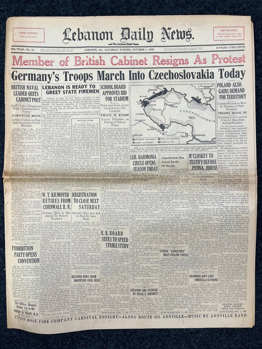 WW2 1938 German Invasion of Czechoslovakia - Partition of Poland - World War 2 Memorabilia, European History, Vintage Newspaper, History Art