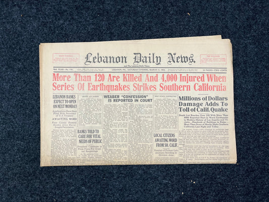 1933 Los Angeles Long Beach Earthquake - California Quake Kills 100 - Original Vintage Newspaper, Great Depression Glass, California History