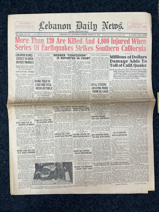 1933 Los Angeles Long Beach Earthquake - California Quake Kills 100 - Original Vintage Newspaper, Great Depression Glass, California History