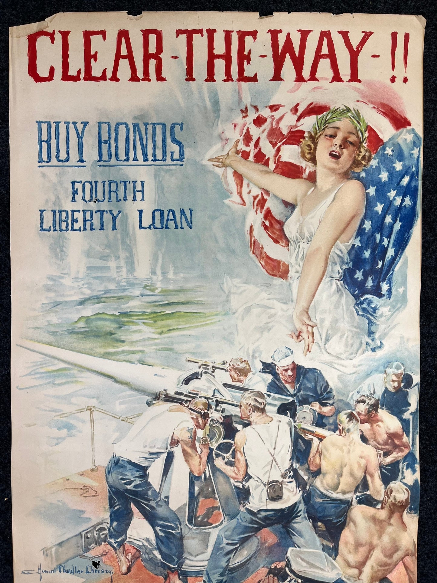 Original WW1 Clear The Way - Lady Columbia - Liberty Bonds Poster - 1917 World War 1 Propaganda Poster, US History, Military Memorabilia